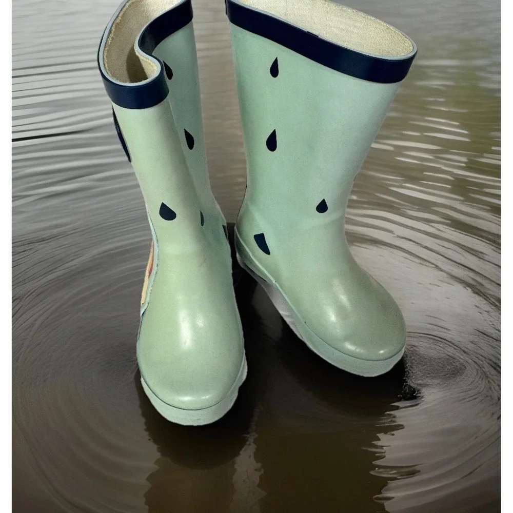 Rainbow Rain Boots Kids Size‎ 5/6 Mint Green Rubber Waterproof Raindrops